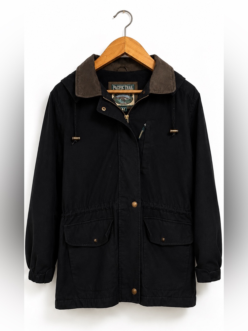 90s Pacific Trail Canvas Leather Outdoor Field Jacket with Hood in Black Size M